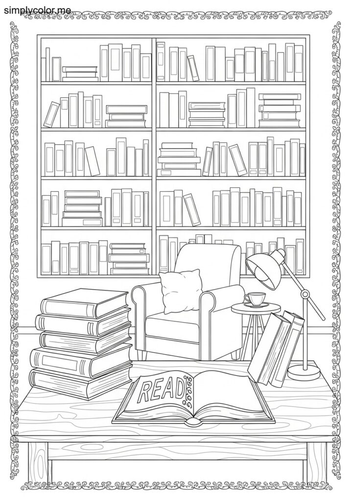 Library coloring page for book lovers and reading week activities