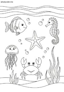 Ocean color page with sea creatures to print and color
