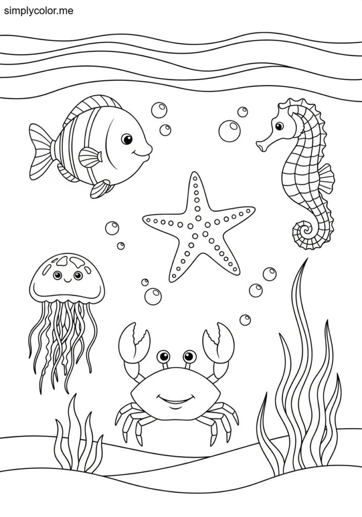 Ocean color page with sea creatures to print and color