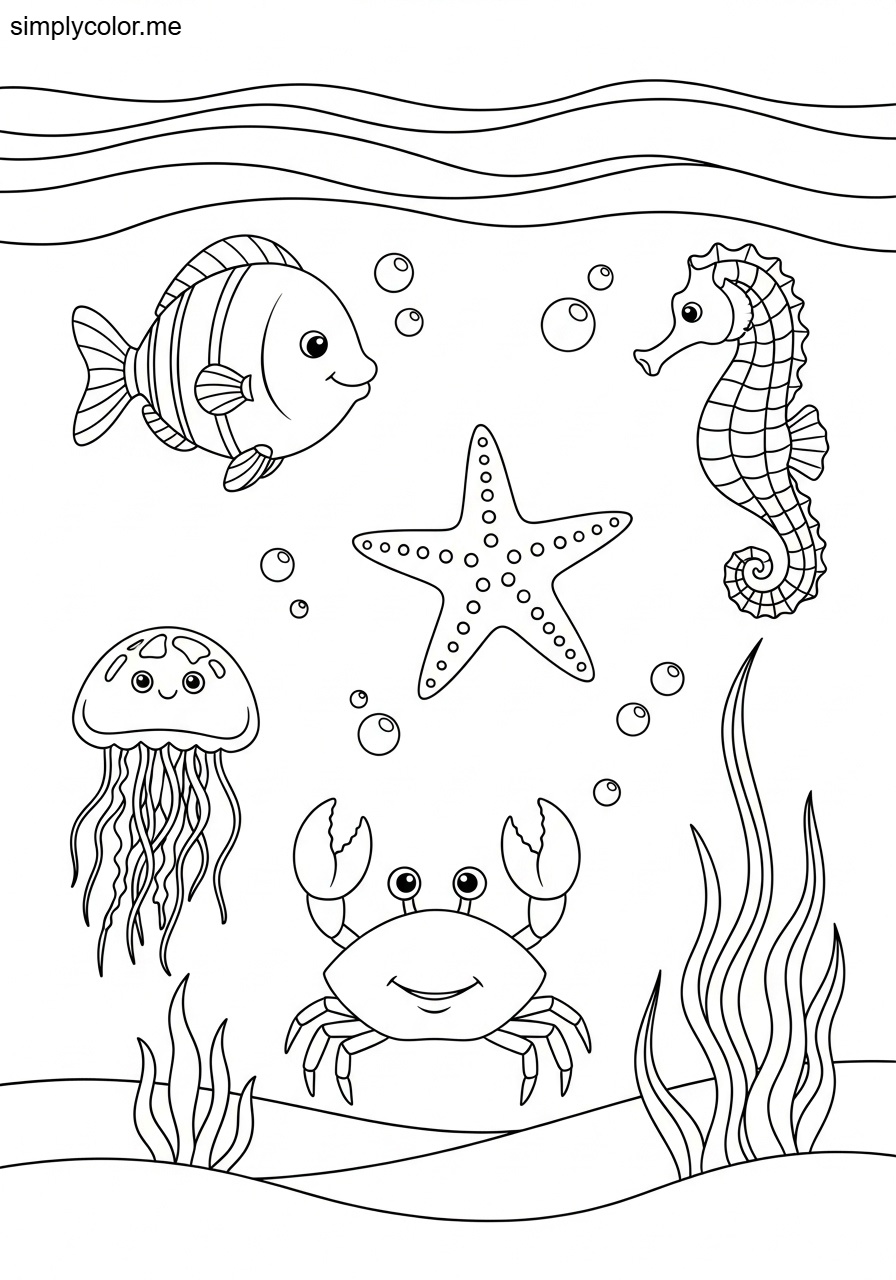 Ocean color page with sea creatures to print and color