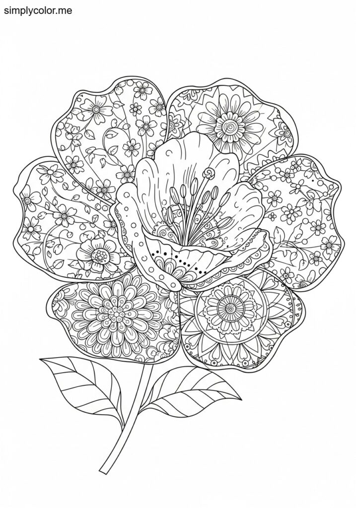 Printable coloring page flower with detailed floral designs