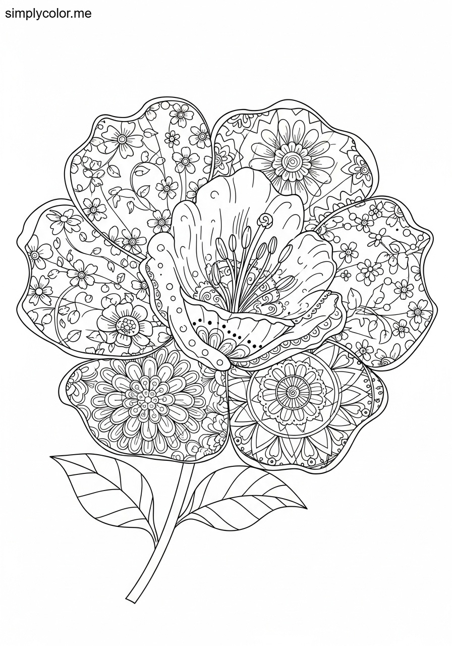 Printable coloring page flower with detailed floral designs