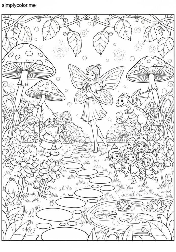 Printable coloring page of fairies magical garden creature