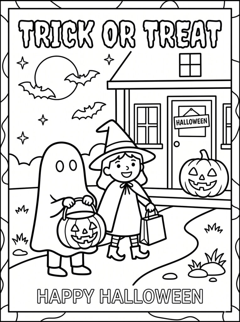 Trick or treat coloring page, halloween candy collecting, door knocking