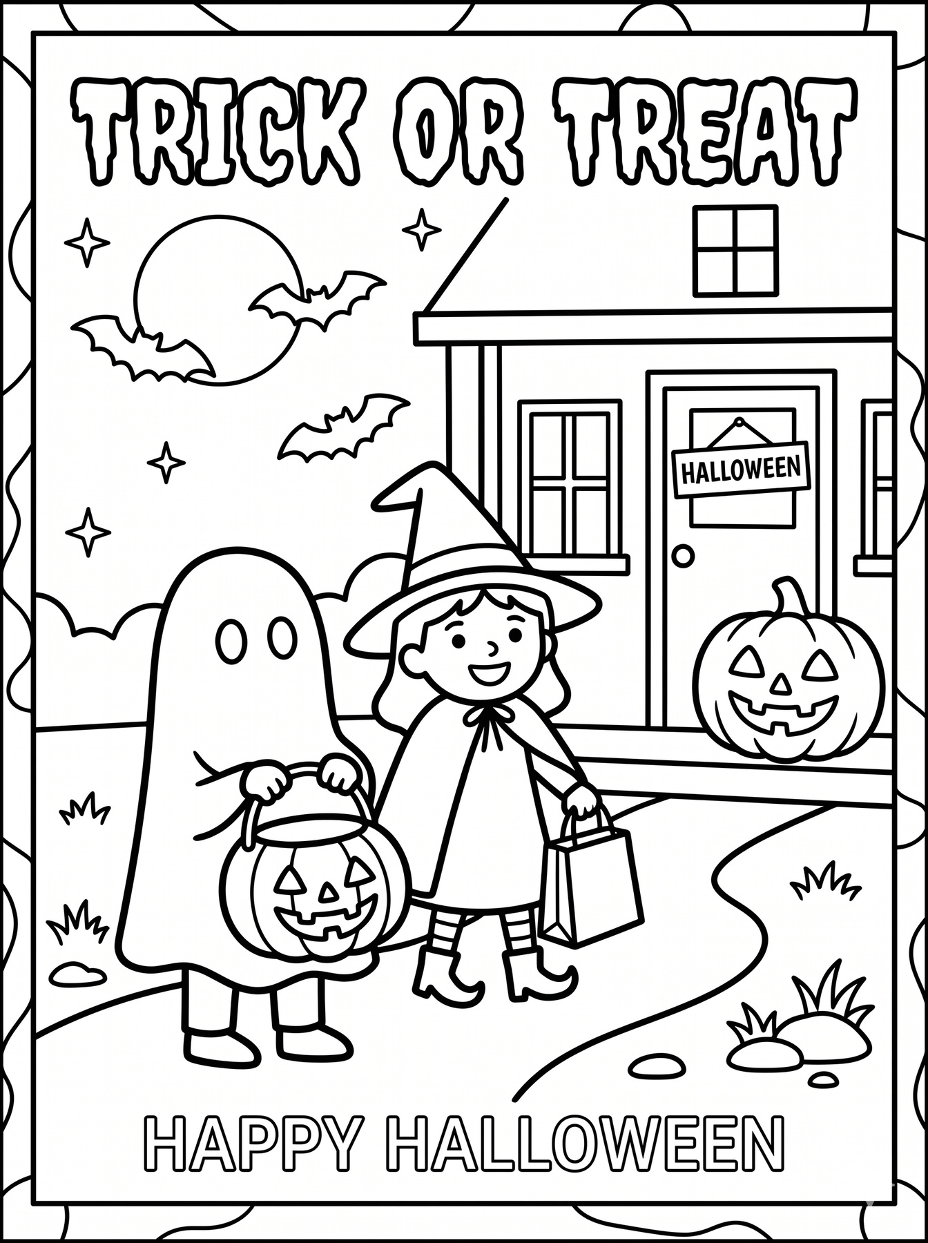 Trick or treat coloring page, halloween candy collecting, door knocking